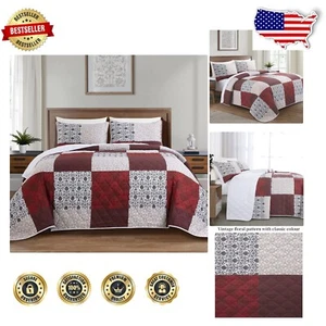 Durable 128x120 King Bedspread 3-Piece Set - Lightweight Floral Patchwork Quilt - Picture 1 of 9