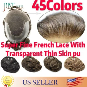 French Lace Front Bleached Men Toupee Hair Replacement System Poly Hairpiece Wig - Picture 1 of 84