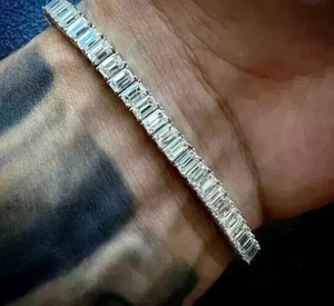 15CT Emerald Cut Lab Created Diamond Men's Tennis Bracelet 14K White Gold Plated - Picture 1 of 10