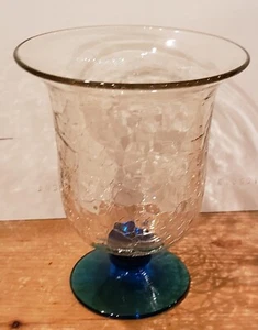 BEAUTIFUL BLENKO? CLEAR CRACKLE GLASS URN/COMPOTE/VASE w/ AQUA FOOTING ~ 10" - Picture 1 of 4