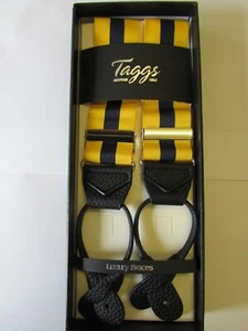 TAGGS LUXURY GOLDEN YELLOW & NAVY STRIPE RIGID LEATHER END BRACES - Picture 1 of 3