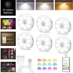 Motion Sensor Under Cabinet LED Puck Lights RGB with Remote Control Rechargeable - Picture 1 of 12