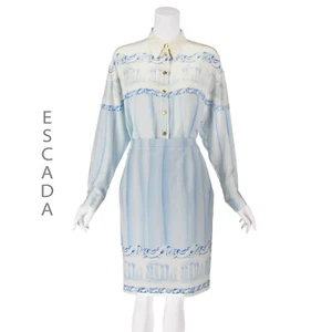 ESCADA Vintage hellblau & weiß Seide Hemd & passender Baumwollrock GR 10/12 - Bild 1 von 9