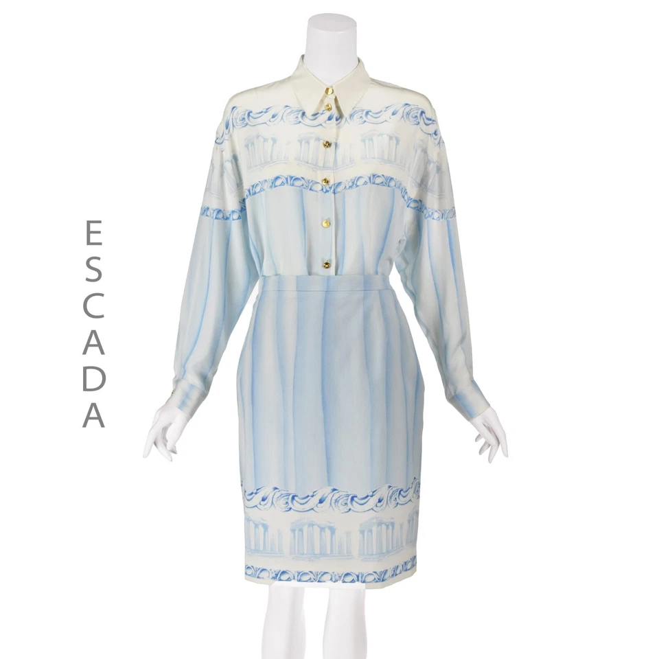 Camisa de seda ESCADA vintage azul pálido y blanco y falda de algodón a juego talla 10/12 Foto 1 de 4