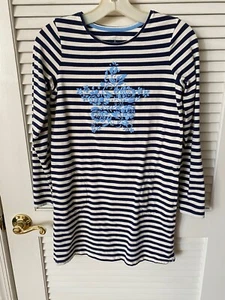Lands End Girls Medium 10-12 Navy & Ivory Stripe Floral Star Embossed Dress - Picture 1 of 2