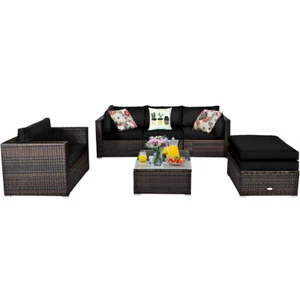 Costway 6PCS Patio Rattan Furniture Set Cushion Sofa Coffee Table Ottoman Black - Picture 1 of 12