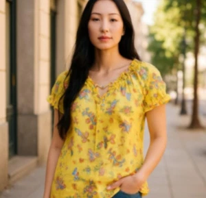 Chaps Tunic Knit Top Womens Medium Yellow Floral Boho Peasant 100% Cotton Soft - Picture 1 of 12