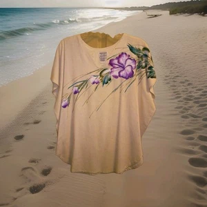 Vintage Island Spirit Women's Shirt Purple Hibiscus Hand Painted 100% Silk Top - Picture 1 of 5