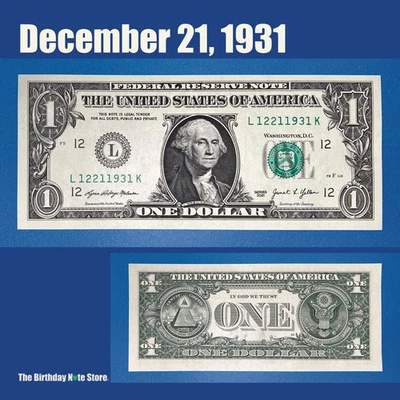 December 21, 1931 Birthday Anniversary $1 One Dollar Bill Serial Number 12211931 - Image 1 of 2