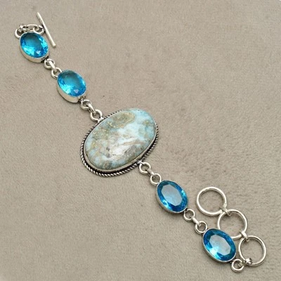 Bracciale in argento sterling 925 con pietre preziose Larimar caraibiche... - Immagine 1 di 4