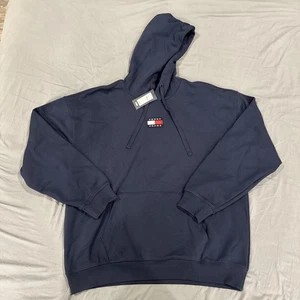 Nuevo Tommy Jeans Grande Firma Insignia Pullover Polar Sudadera con Capucha Azul Medio - Imagen 1 de 12
