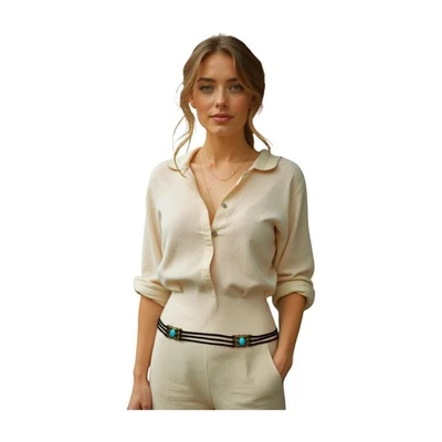 Femme Noir Faux Daim Cravate Enveloppant Sud-Ouest Ceinture Or Charme Turquois M - Photo 1/4