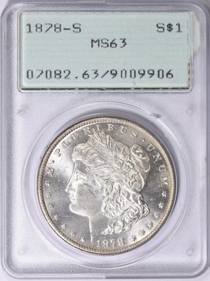 Dólar de plata Morgan 1878-S graduación profesional MS63 ANTIGUO SOPORTE VERDE SONAJERO ¡OGH! Foto 1 de 4