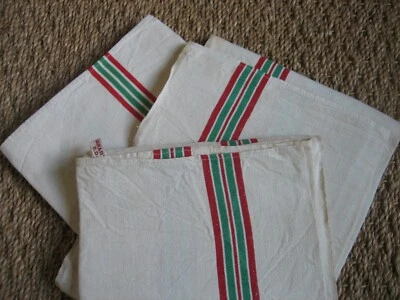 3 Anciens torchons La Samaritaine en Lin métis à Liteaux rouge & vert - Photo 1/4