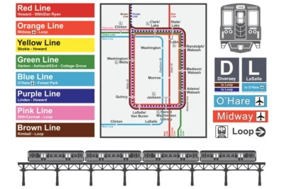 Póster de mapa de tránsito ferroviario del centro de Chicago Illinois North Michigan Avenue 18x12 Foto 1 de 3