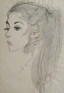 Portrait girl original acrylic pencil on paper by italian artist Italy