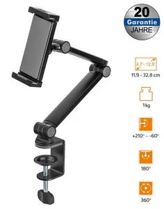 Schwenkbare 360° und verstellbare Tischhalterung für Tablets 4,7 - 12,9 Zoll - Bild 1 von 12
