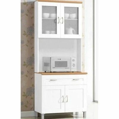 White Wooden Microwave Kitchen Utility Cabinet Storage Shelves Cupboard Drawer - Image 1 of 4