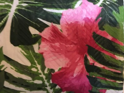 CORTINA DE DUCHA TELA TEXTURIZADA FLORES HIBISCO ROSA HOJAS VERDES TROPICALES Foto 1 de 4