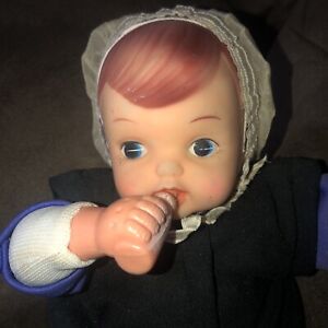 Vintage 13” Rubber Face Pixie Doll With Baby Bottle Dressed In Amish Outfit