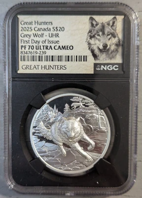 2025 Canada Grey Wolf Great Hunters 1 Oz Silver $20 Coin NGC PF70 UHR First Day - Image 1 of 4