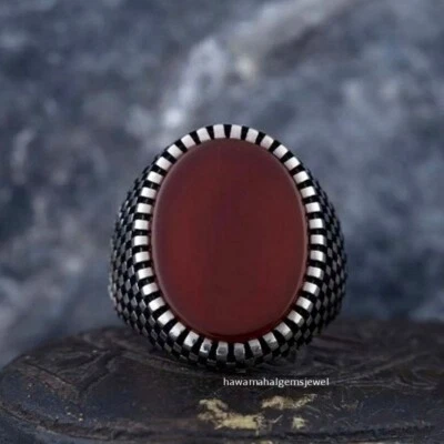 Solid 925 Sterling Silver Gemstone Red Onyx Solid Men's Ring Gift For Him Unique - Image 1 of 4