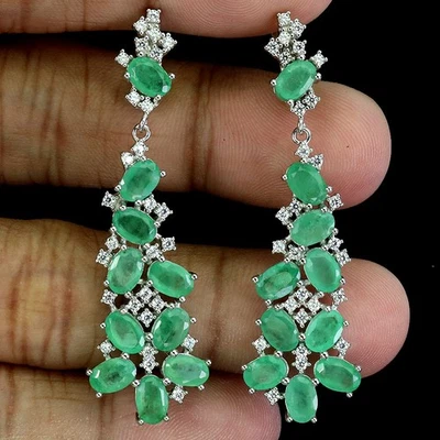 Pendientes de plata de ley 925 esmeralda ovalada 6x4 mm joyas de piedras preciosas naturales Foto 1 de 4