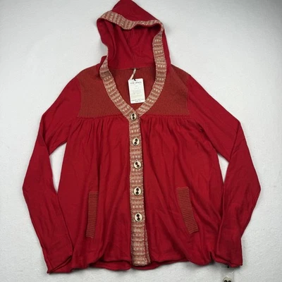 Free People Cardigan Womens Medium Red Hooded Button Front Sweater F531X749 Boho - Image 1 of 4