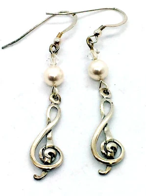 Music Note Clef 925 Sterling Silver Faux Pearl Drop Dangle Earings - Image 1 of 4