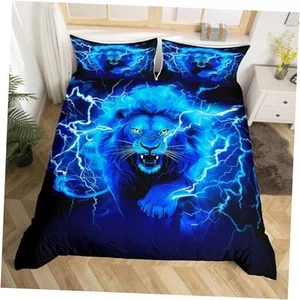 Lion Duvet Cover Set Queen Size Blue Lightning Queen(no comforter) Multi 37 - Picture 1 of 7