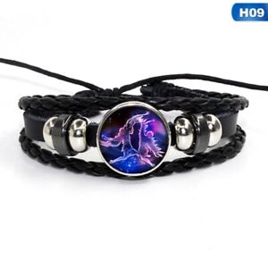 12 Zodiac Signs Constellations Glass Button Black Woven Leather Bracelet Jewelry