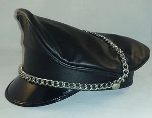 AW-0058 Leather Muir cap Leder Schirmmütze mit Kette,Biker Mütze Offizier Mütze - Picture 1 of 4
