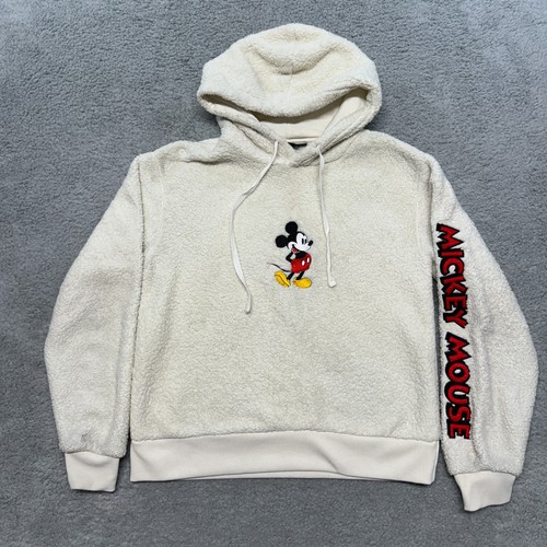 OFF WHITE Disney Topolino Felpa con Cappuccio Donna Piccola Panna Pile Ricamato Fuzzy Teddy