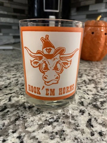 Vintage University of Texas Orange White Hook 'em Horns Decorated Glass Tumbler Cover