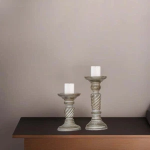 Traditional Gray Wash Eco-friendly Handmade Mango Wood Set Of Two Candle Holder - Picture 1 of 37