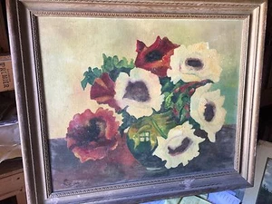 vintage oil/board RED & WHITE POPPIES by M.Connors,20 by 24,framed 24 by 29 - Picture 1 of 6