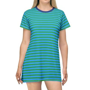 Blue T-Shirt Dress Green Dark Blue Stripe Short Sleeve Preppy Pinstripe - Picture 1 of 25