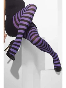 Purple and Black Striped Opaque Tights Witches Halloween Fancy Dress Accessory - Picture 1 of 4