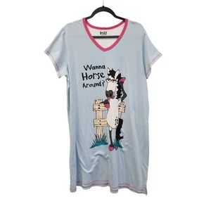LAZY ONE Wanna Horse Around Sleep Shirt Nightgown541 V-Neck Pink Blue L/XL 3541 - Picture 1 of 7