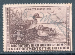 USA Hunting Permit Duck Stamp RW6 1939 $1 chocolate used single CV $50 - Picture 1 of 2
