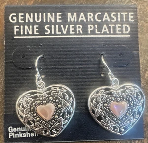 New Genuine Marcasite Silver Plated Love Heart Pink Shell Earrings Valentine's - Picture 1 of 3