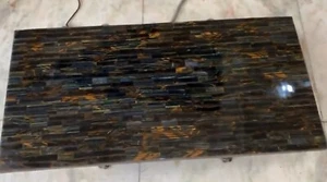 Blue Tiger Eye Stone Overlay Work Coffee Table Top Rectangle Marble Party Table - Picture 1 of 6