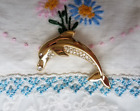 Vintage Brooch Pin Dolphin Fish Rhinestones Eye Mouth Gold Tone 2" Excellent
