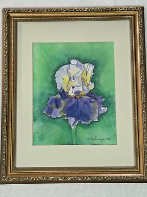 Pintura Flor Iris Original por de Louissy 2/8 Arte Floral Enmarcado Púrpura Amarillo Foto 1 de 4