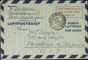 BERLIN, 1950. Aerogramme H&G 2d, Berlin - Pasadena, CA - Picture 1 of 1
