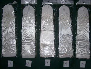 Fingerless Bridal Prom White Satin Long Gloves with lace & beads - Choose style - Picture 1 of 14