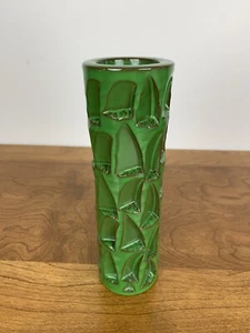 Signed Japanese Emerald Green Vase Textured Indented Stamped Heavy Vtg OOAK - Picture 1 of 14