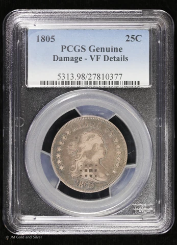 1805 25C Draped Bust Silver Quarter Dollar PCGS VF Detail Cover