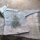 Vtg Sweater Womens Large Ramie Knit Ugly Xmas Tree Pullover Bejeweled Heavy Blue