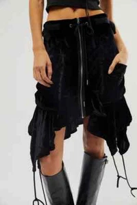Free People Paxton Parachute Utility Black Velvet Drawstring Pocket Skirt NEW 0 - Picture 1 of 24